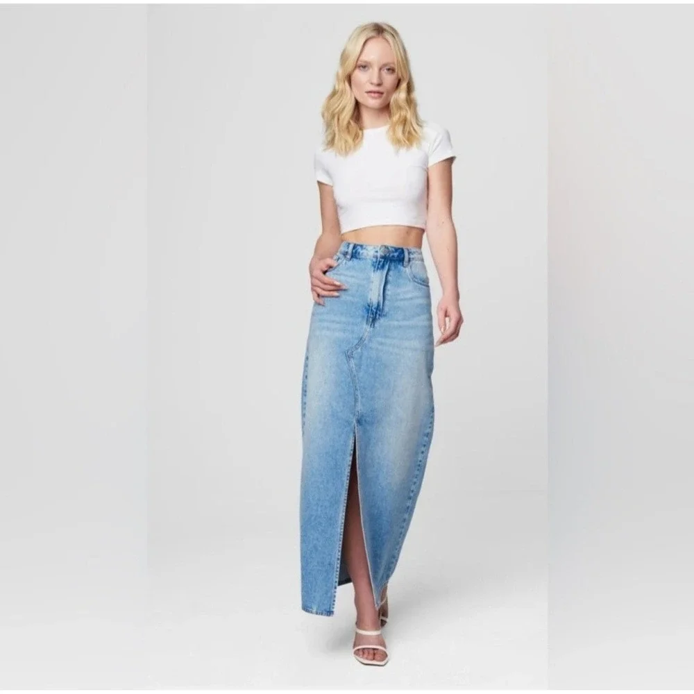 BLANK NYC Maxi Denim Skirt Women 28 Pockets Slit Cotton Blue Boho Festival Gypsy